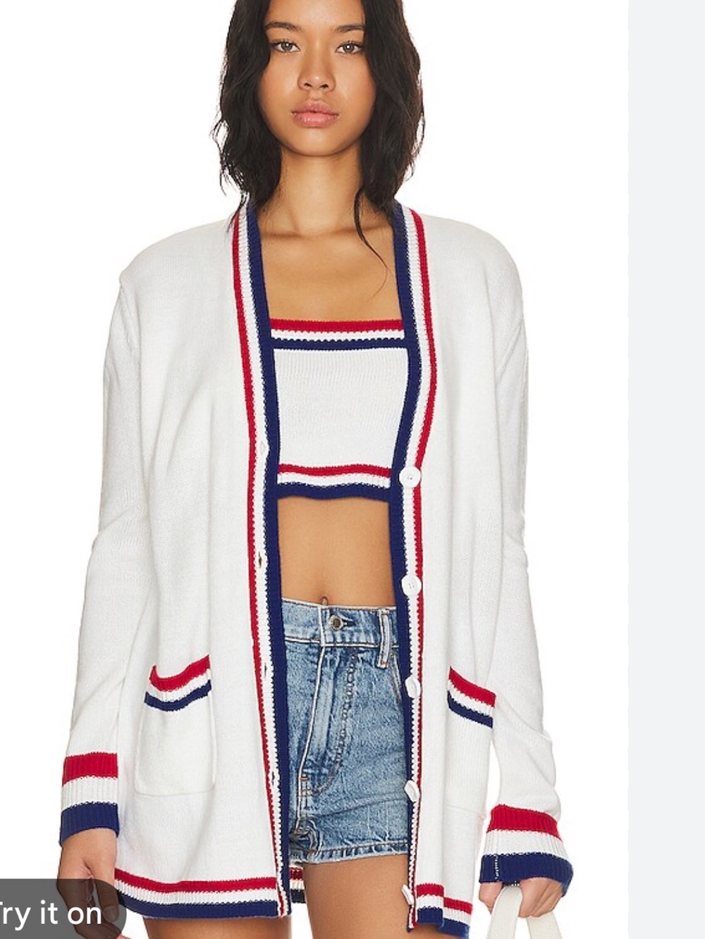 Show Me Your Mumu White Cardigan with Red & Navy Trim